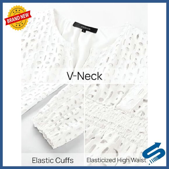 Long Sleeve Mini Dress V Neck Eyelet Embroidery Ruffle A Line Swing - Picture 7 of 8